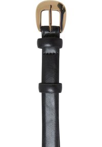 Black leather belt with a textured surface, featuring a gold rectangular buckle and two fastening loops.