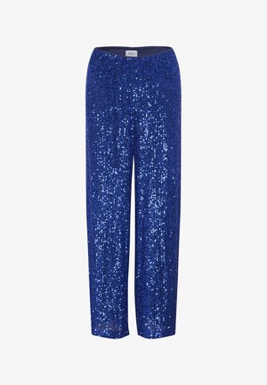 Blaue Pailletten-Hosen mit lockerer Passform und einem dehnbaren Bund. Der Stoff glänzt und die unterschiedlich schimmernden blauen Pailletten reflektieren das Licht.