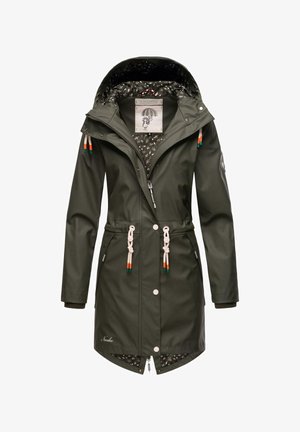 Olive green raincoat with a hood, drawstring waist, snap buttons, and floral-patterned lining. Features braided accents on sleeves.