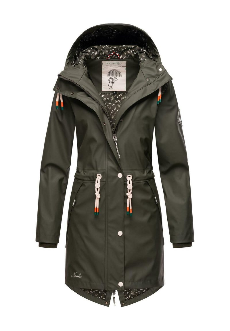 Olive green raincoat with a hood, drawstring waist, snap buttons, and floral-patterned lining. Features braided accents on sleeves.