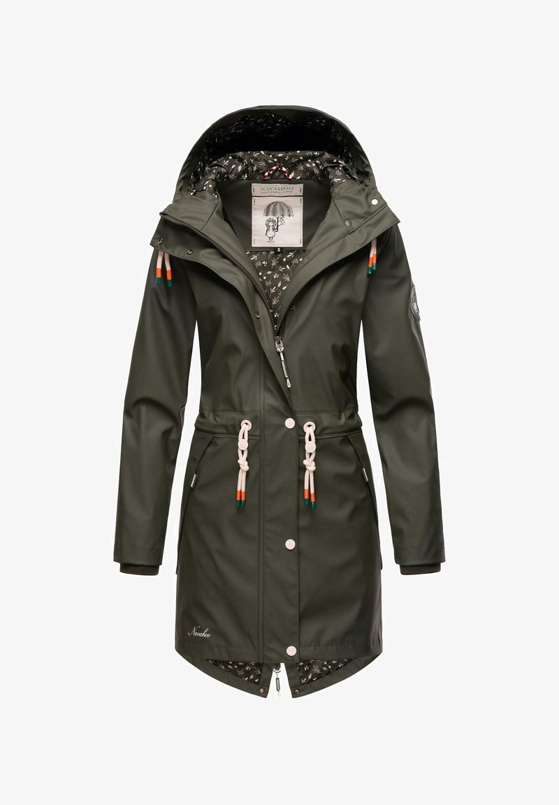 Olive green raincoat with a hood, drawstring waist, snap buttons, and floral-patterned lining. Features braided accents on sleeves.