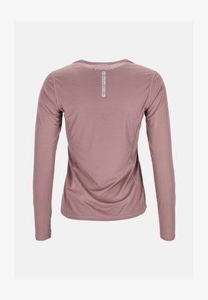 Long-sleeve shirt in soft pink fabric, featuring a textured pattern and a round neckline. Label on the back displays "Swedemount."