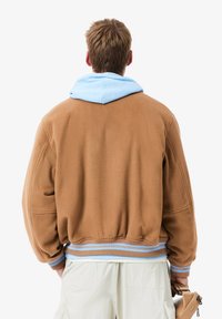 Giacca in pile marrone con cappuccio azzurro chiaro, polsini e bordo a coste con strisce blu. Sul retro presenta un design a vestibilità morbida.