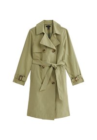 Khaki gabardina s dvouřadým zapínáním, pasem na zavazování, širokými klopami a přezkami na rukávech. Hladká, lehká tkanina.