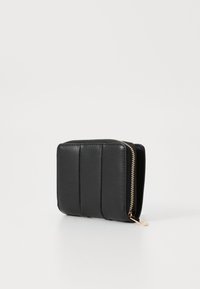 Black leather wallet with three horizontal stitch lines, gold zipper, compact rectangular shape, smooth texture, and no visible logos.