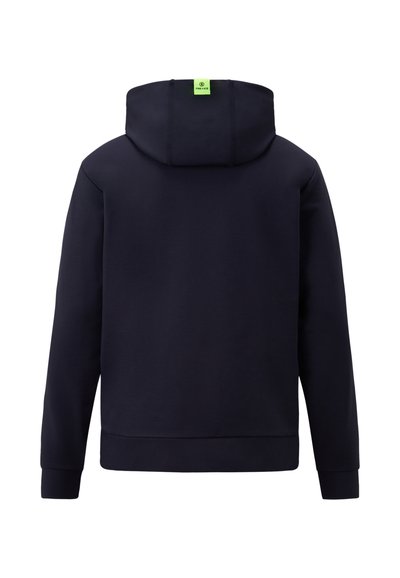 Marineblaues Kapuzensweatshirt mit rundem Hals, langen Ärmeln und gerippten Bündchen. Verfügt über ein grünes Markenetikett am Halsauschnitt. Glatte Textur.