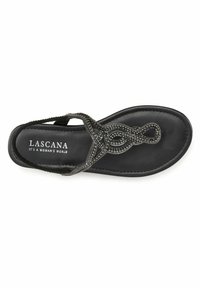 Black flip-flop sandal with decorative beaded design, soft textured strap, cushioned footbed, and flat sole suitable for casual wear.