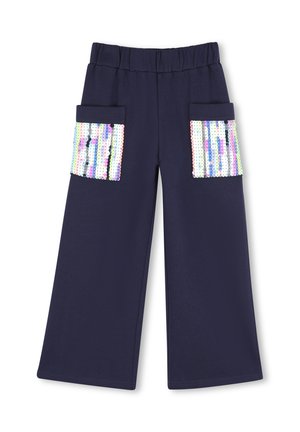 Marineblauwe broek met wijde pijpen, een elastische tailleband en twee vierkante voorzakken versierd met meerkleurige pailletten.