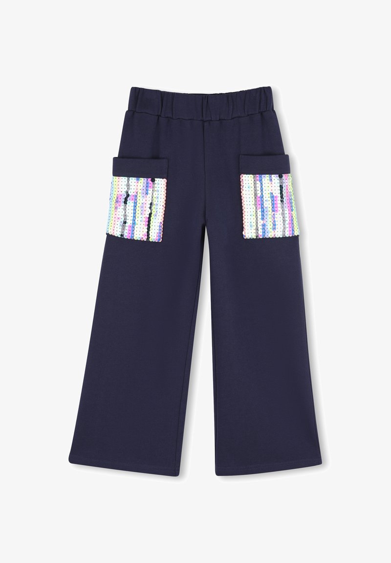 Pantalon bleu marine à jambes larges avec ceinture élastique et deux poches carrées devant décorées de sequins multicolores.