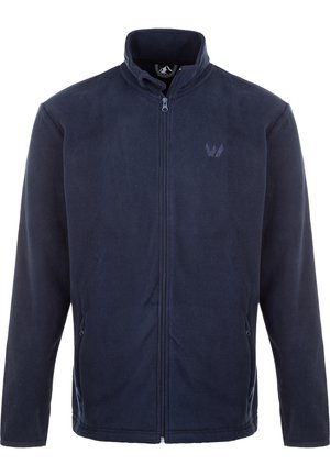 Giacca in pile navy con zip frontale, alto colletto e tasche laterali. Presenta un logo discreto sul petto e una superficie liscia.