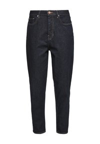 Mörkblå denimjeans med tapered fit, fem fickor, orangea sömmar och knappstängning i midjan.