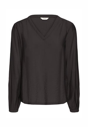 Schwarze Bluse mit langen Ärmeln, V-Ausschnitt und leicht gerafften Bündchen, aus leichtem, leicht strukturiertem Stoff.