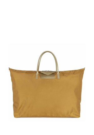 Grande borsa in nylon giallo con manici e rifiniture dorate, dotata di una chiusura frontale a patta in oro testurizzato. Design spazioso per un uso versatile.