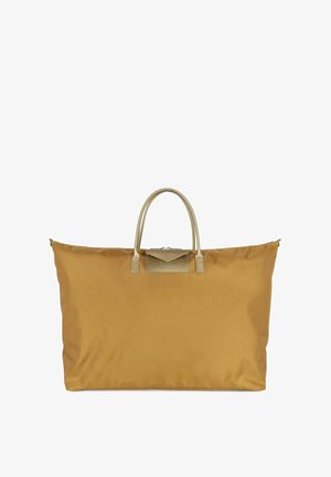Grand sac en nylon jaune avec des poignées et des accents dorés, présentant un rabat avant texturé doré. Conception spacieuse pour une utilisation polyvalente.