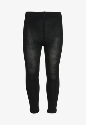 Leggings negros hechos de una tela suave y elástica. Tienen una cintura elástica y piernas ajustadas, con un ligero acabado brillante.