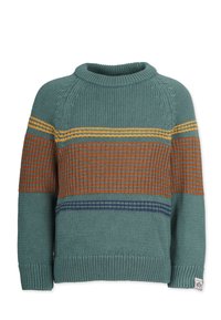 Stickad tröja i teal med bruna, orange och gula horisontella ränder. Har en ribbad krage och ärmslut. Strukturerade mönsterdetaljer.
