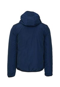 Giacca imbottita blu navy con cappuccio, caratterizzata da un tessuto leggero e morbido e da orli e polsini elastici per calore e comfort.