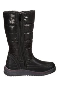 Černá kožená vysoká bota po kolena s lesklým svrchním pufrovaným materiálem, bočním zipem, texturovanou koženou spodní částí a gumovou podrážkou s červeným akcentem podél okraje.