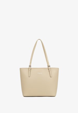 Sac fourre-tout en cuir beige avec deux sangles ajustables et petit logo argenté "Lancaster Paris" centré sur le devant.