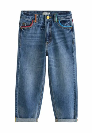 Denim jeans i mellemblå med en afslappet pasform. Har kontrasterende stik-accenter, regnbuefarvede detaljer på taljen og optrukne manchetter.