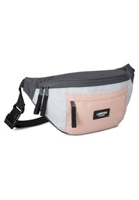 Borsa in tessuto grigia, grigio chiaro e rosa con due scomparti con zip e una tracolla regolabile. Presenta un'etichetta del marchio sul davanti.