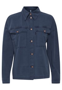 Navy blue button-up shirt with a collar, two chest pockets, and brown buttons. Material appears smooth with a relaxed fit.