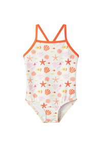 Badedrakt i ett stykke med hvit bunn og rosa og oransje sjø-tema mønstre, samt oransje stropper, laget av elastisk og lett materiale.