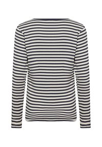 Langærmet bluse med ribbet tekstur i marineblå og off-white vandrette striber. Enkel rund halsudskæring og lige snit.