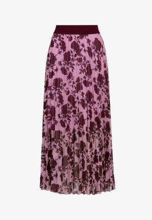 Geplooide maxi-rok in lichtroze met een diep mahoniekleurig bloemenpatroon. Voorzien van een effen mahoniekleurige tailleband, die contrast en textuur creëert.