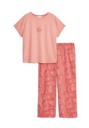 Pink cotton pajama set featuring a short-sleeve shirt with a shell design and matching pants with white sea-themed patterns.