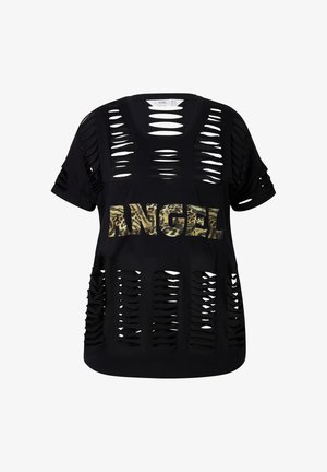 T-shirt nera oversize caratterizzata da molteplici tagli e un grafiche leopardata con la scritta "ANGEL" al centro. Tessuto morbido e leggero.
