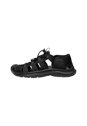Sandalo nero con punta chiusa, più cinturini, lacci elastici regolabili, suola imbottita e tomaia in mesh traspirante, progettato per l'utilizzo all'aperto.