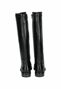Bottes noires en cuir jusqu'au genou avec une texture lisse, présentant une fermeture éclair sur le côté, des coutures verticales et un petit talon empilé.