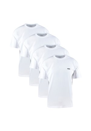 Vier schlichte weiße T-Shirts mit kurzen Ärmeln und Rundhalsausschnitt, in einer Reihe angeordnet, das vordere Shirt hat ein kleines schwarzes FILA-Logo auf der Brust.