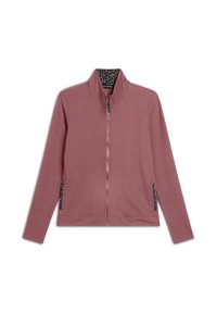 Veste zippée rose avec un col haut, des manches longues et des accents en imprimé léopard sur les poches zippées. Texture de tissu lisse.