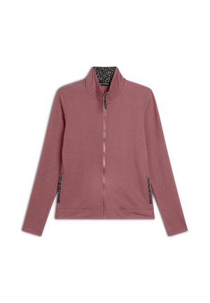 Giacca a zip rosa con colletto alto, maniche lunghe e dettagli in stampa leopardata sulle tasche con cerniera. Tessuto dalla superficie liscia.