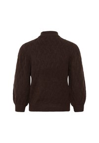 Pull en tricot marron foncé avec motif torsadé, manches longues, poignets côtelés et col rond côtelé vu de dos.