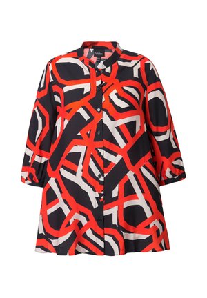 Short-sleeve button-up shirt in black with a bold red and cream geometric pattern, featuring a mandarin collar and relaxed fit.