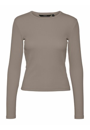 Bluzka z długim rękawem z prążkowanej tkaniny w kolorze taupe. Okrągły dekolt i dopasowany krój. Zastosowano bezszwowe ściągacze i gładką fakturę.