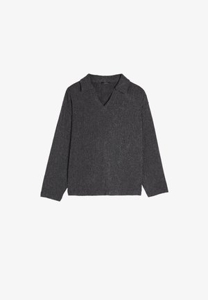 Gray knit pullover with a v-neck and collar, featuring long sleeves and a textured fabric, showcasing a relaxed fit and straight hem.