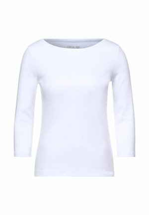 Haut blanc à manches longues avec un col rond. Fabriqué à partir d'un tissu doux et extensible. Design simple, sans motifs ni embellissements.
