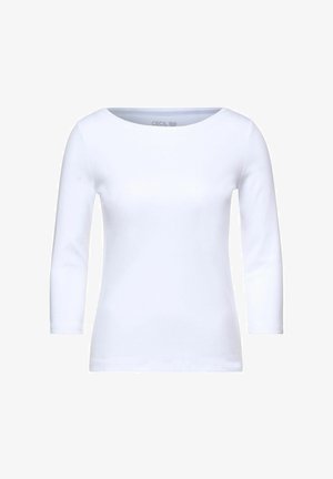 Maglietta bianca a maniche lunghe con scollatura rotonda. Realizzata in tessuto morbido e elasticizzato. Design semplice, senza motivi o decorazioni.