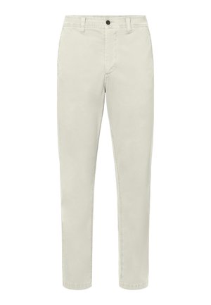 Lichtbeige slanke broek met knoop- en ritssluiting aan de voorkant, riemlussen en zijzakken, weergegeven op een witte achtergrond.