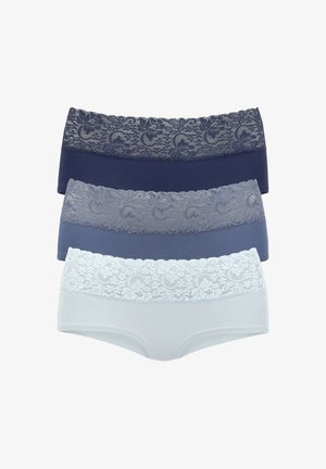 Set van drie damesonderbroeken met kant op de tailleband. Kleuren: marineblauw, middelblauw en lichtblauw. Zachte katoenmix.