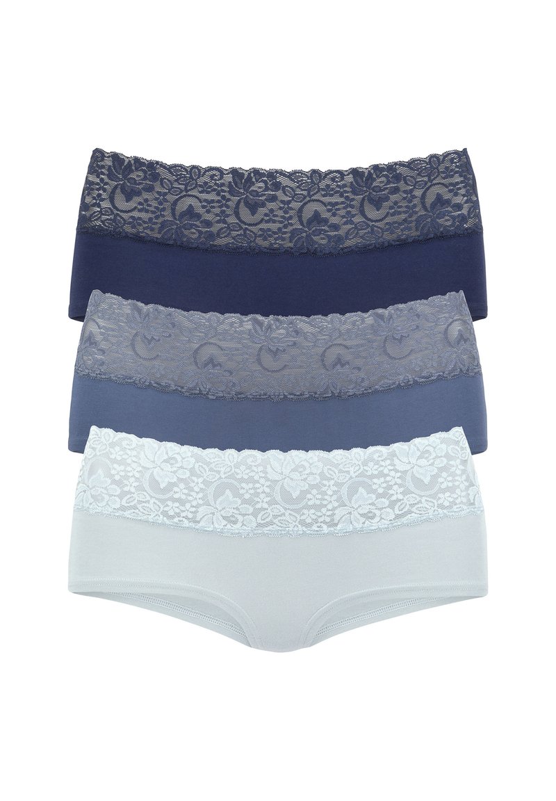 Set treh ženskih spodnjih hlačk z čipkastimi pasovi. Barve: temno modra, srednje modra in svetlo modra. Mehka bombažna mešanica.