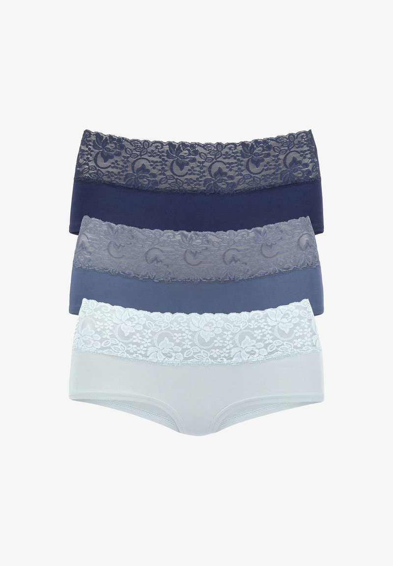 Set treh ženskih spodnjih hlačk z čipkastimi pasovi. Barve: temno modra, srednje modra in svetlo modra. Mehka bombažna mešanica.