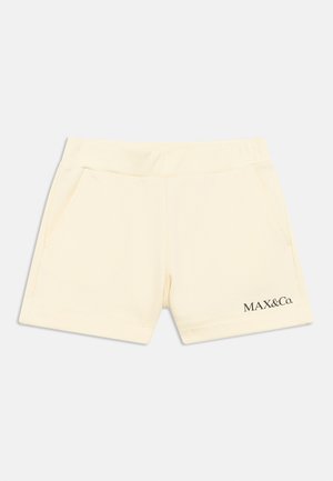 Geel katoenen short met elastische tailleband en twee zijzakken. Voorzien van een logo in donkere print op het linkerbeen.