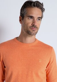 Orange Strickpullover mit Rundhalsausschnitt, gerippten Bündchen und einem kleinen gestickten Logo auf der Brust. Leichte Textur, moderne Passform.