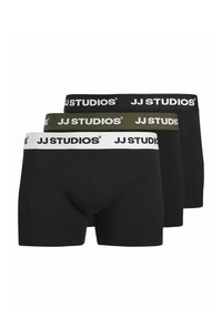 Trois paires de boxers JJ Studios. Noir, vert olive et gris foncé avec des ceintures élastiques portant l'inscription "JJ STUDIOS" en blanc.