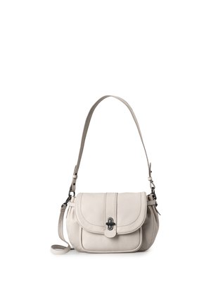 Borsa a tracolla in pelle beige chiaro con patta arrotondata, chiusura a torsione nera e cinturini regolabili su sfondo bianco.